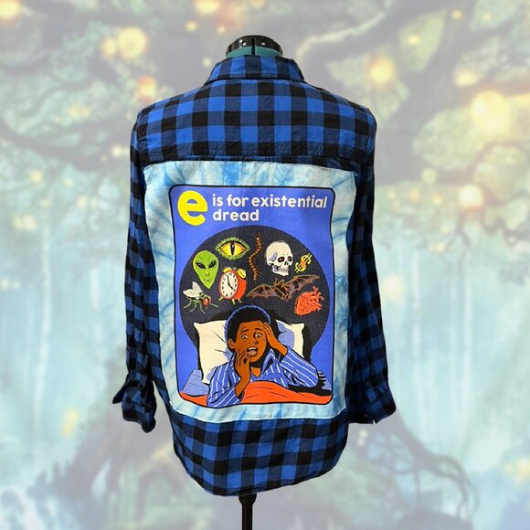 One-of-a-Kind Existential Dread Flannel | Upcycled Patchwork | Size XL - Picture 2 of 5